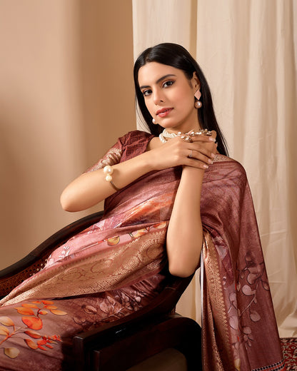 Elegant Rust Linen Cotton Printed Saree Set for Women
