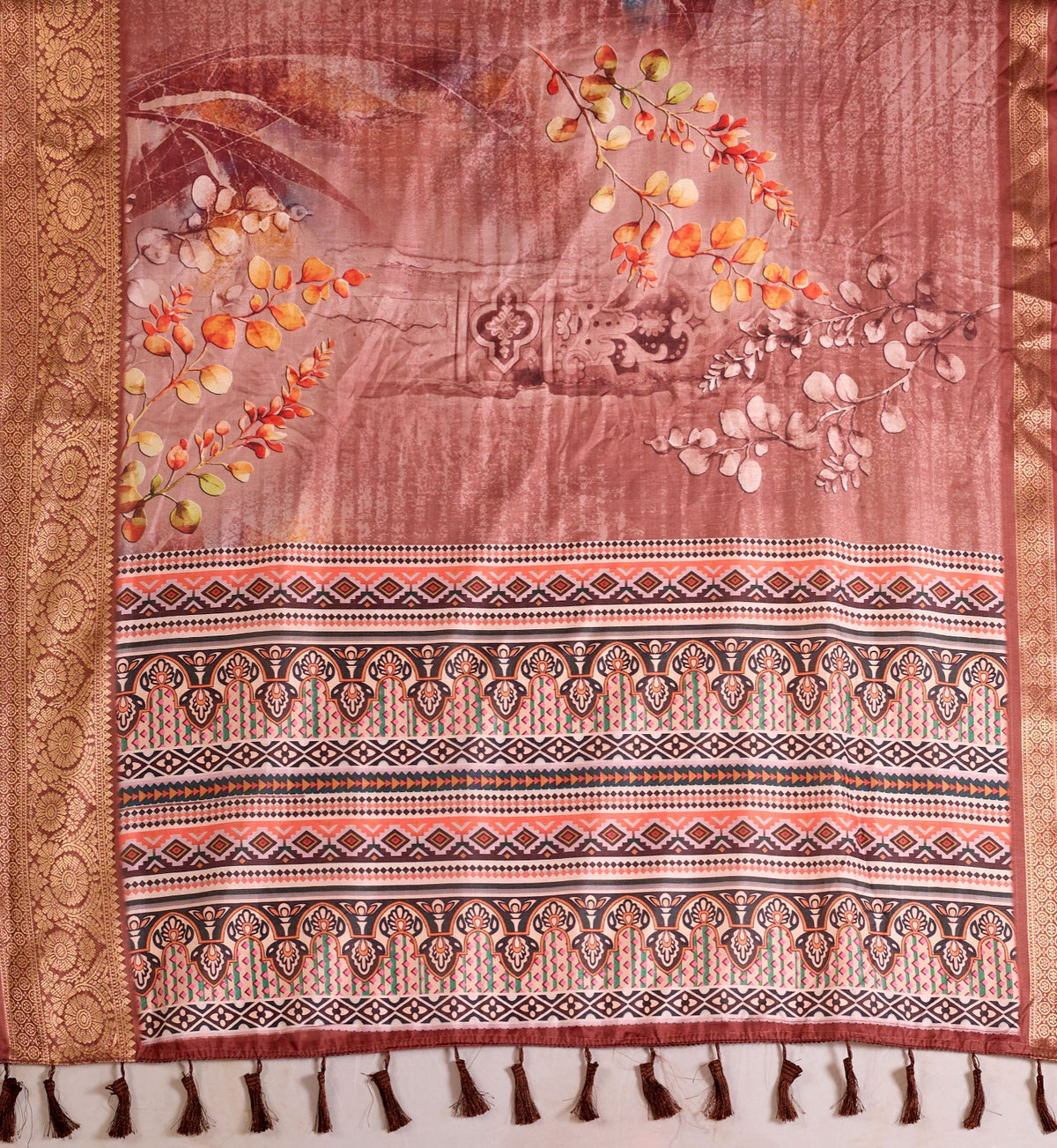 Elegant Rust Linen Cotton Printed Saree Set for Women