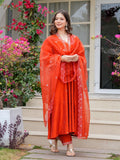 Rust Orange Embroidered Viscose Chanderi Kurta Set