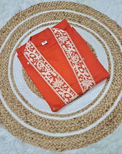 Rust Orange Embroidered Viscose Chanderi Kurta Set for Women