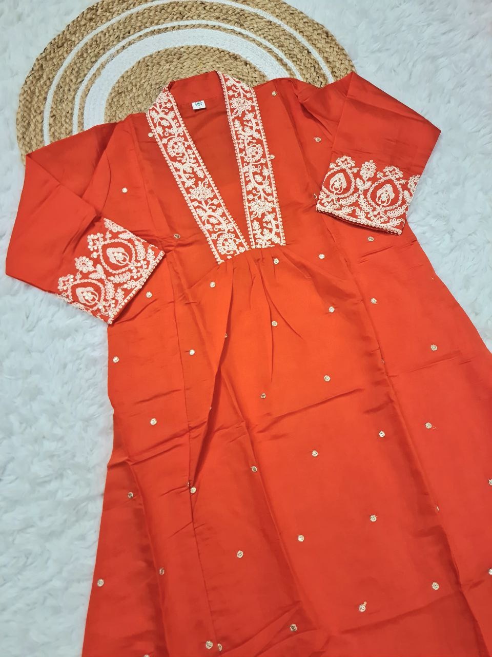 Rust Orange Embroidered Viscose Chanderi Kurta Set for Women