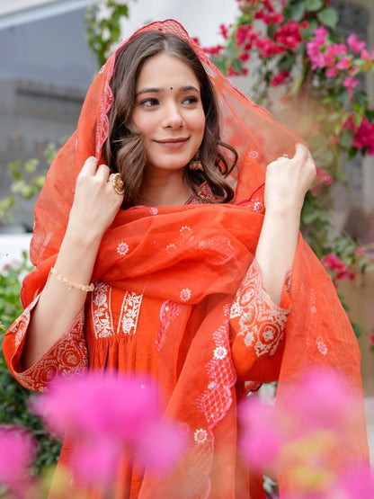 Rust Orange Embroidered Viscose Chanderi Kurta Set for Women