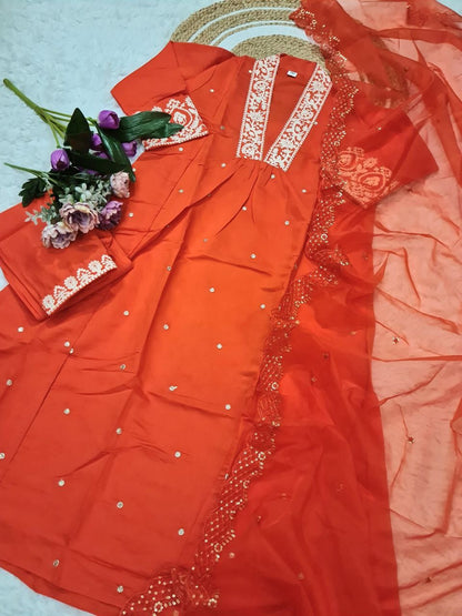 Rust Orange Embroidered Viscose Chanderi Kurta Set for Women