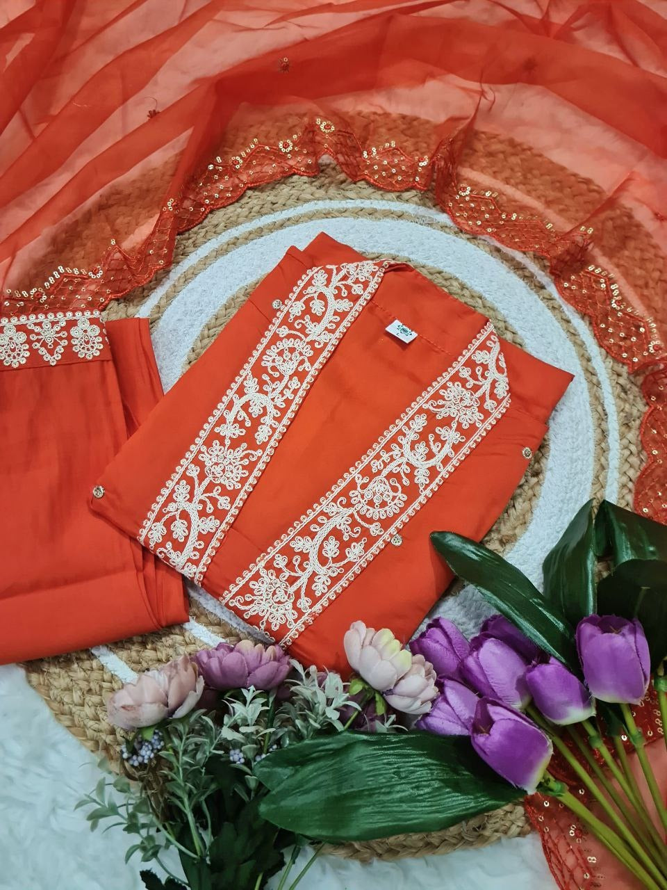 Rust Orange Embroidered Viscose Chanderi Kurta Set for Women