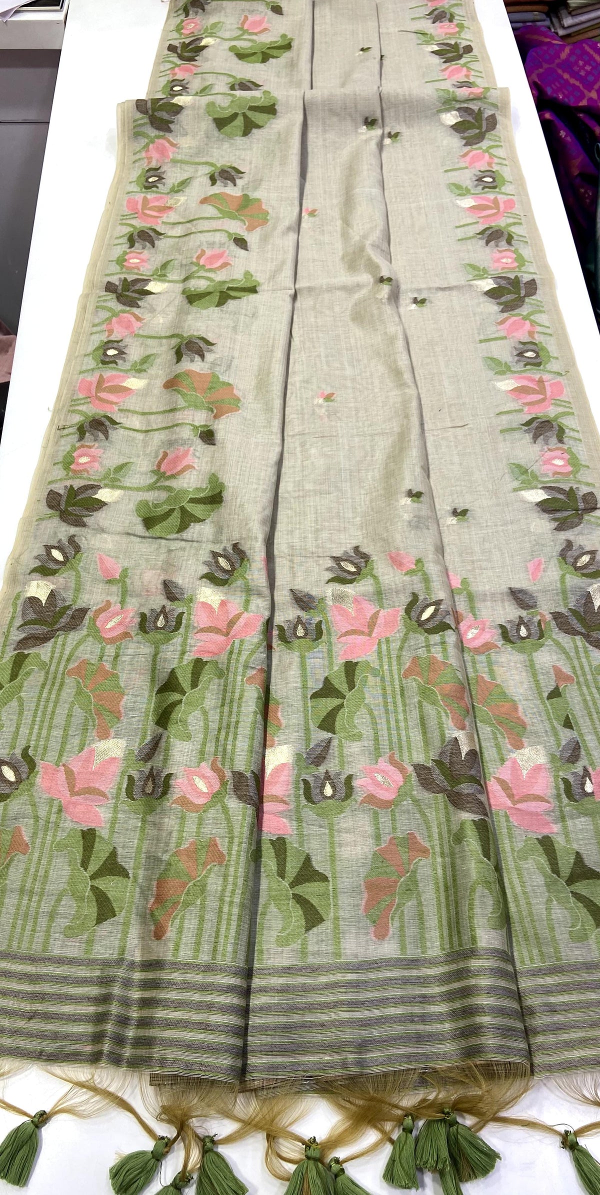 Sage Green Muga Cotton Saree with Lotus Jamdani Pallu for Women