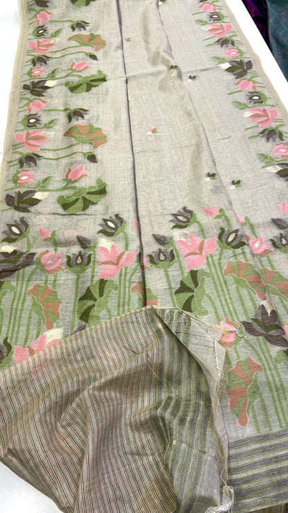 Sage Green Muga Cotton Saree with Lotus Jamdani Pallu for Women