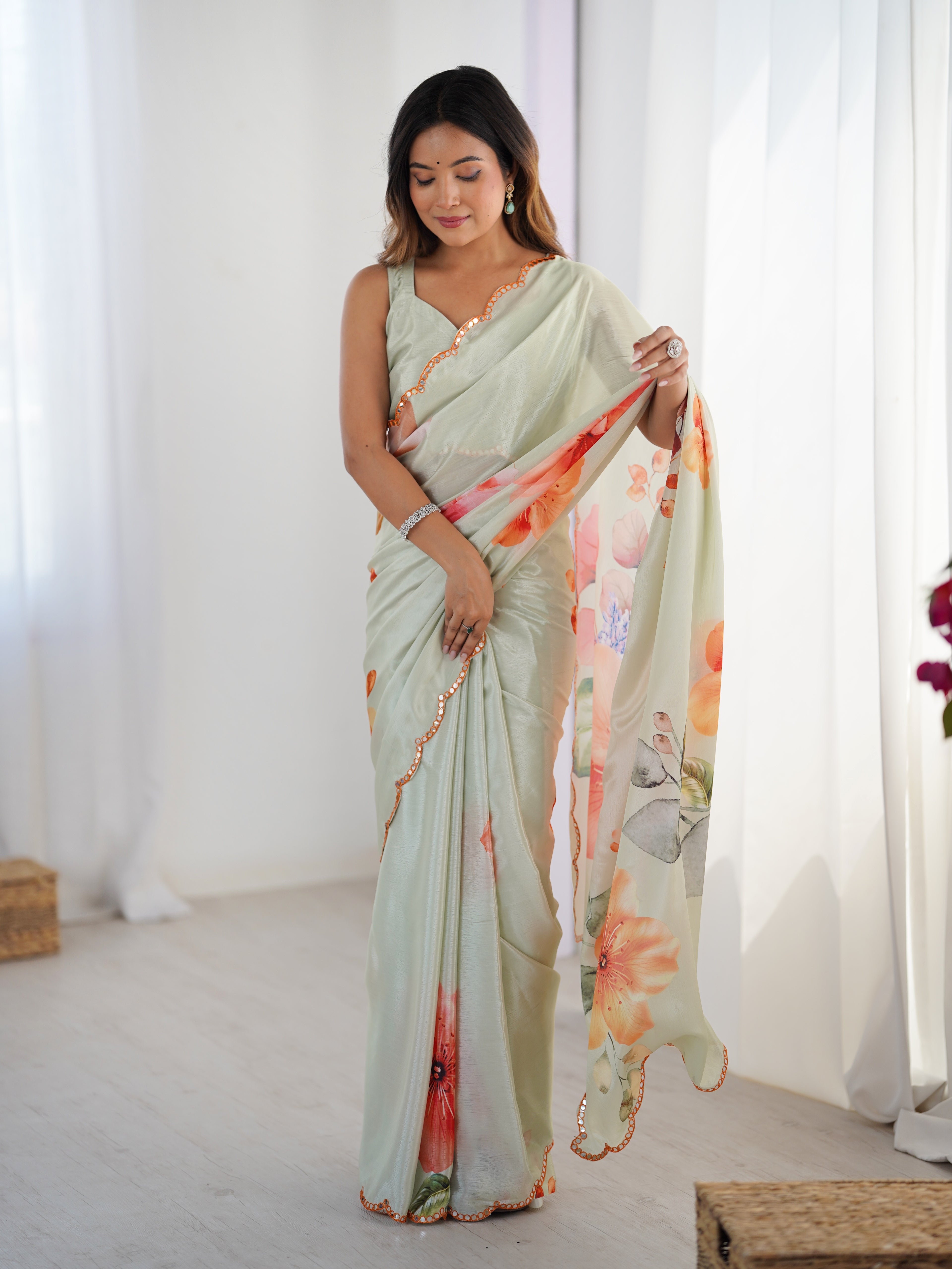 Sage Green Designer Printed Saree for Women