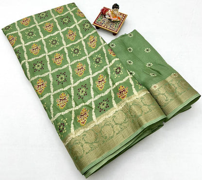 Sage Green Printed Moss Georgette Saree With Zari Border for Women