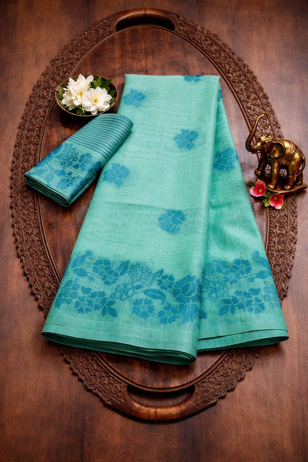 Sea Green Floral Linen Cotton Saree with Border for Women