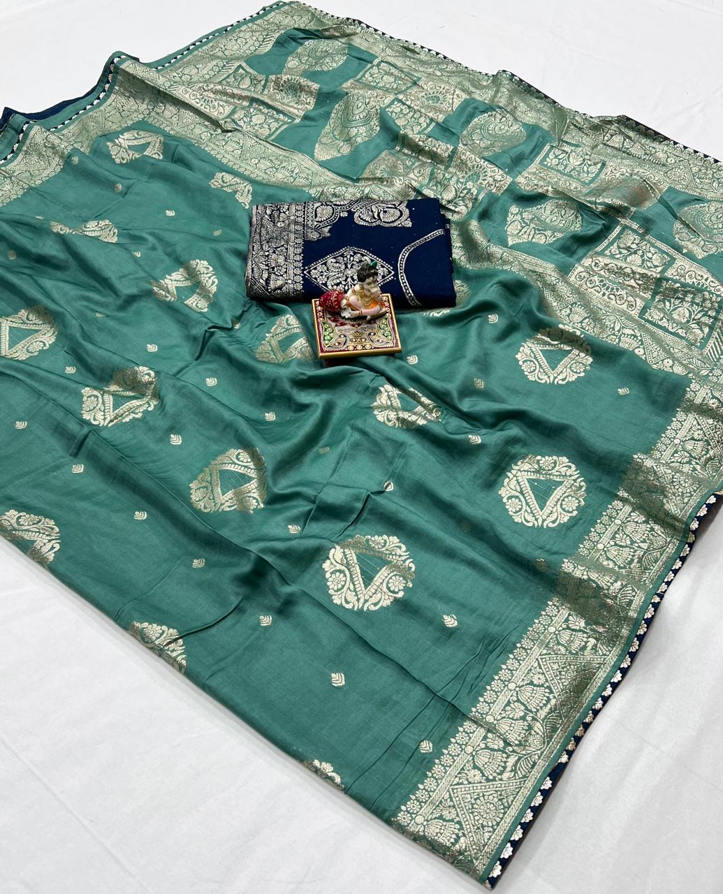 Luxury Sea Green Maslin Silk Saree With Gold Zari for Women