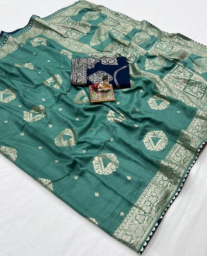 Luxury Sea Green Maslin Silk Saree With Gold Zari for Women
