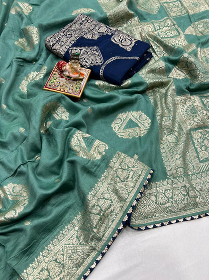 Luxury Sea Green Maslin Silk Saree With Gold Zari for Women