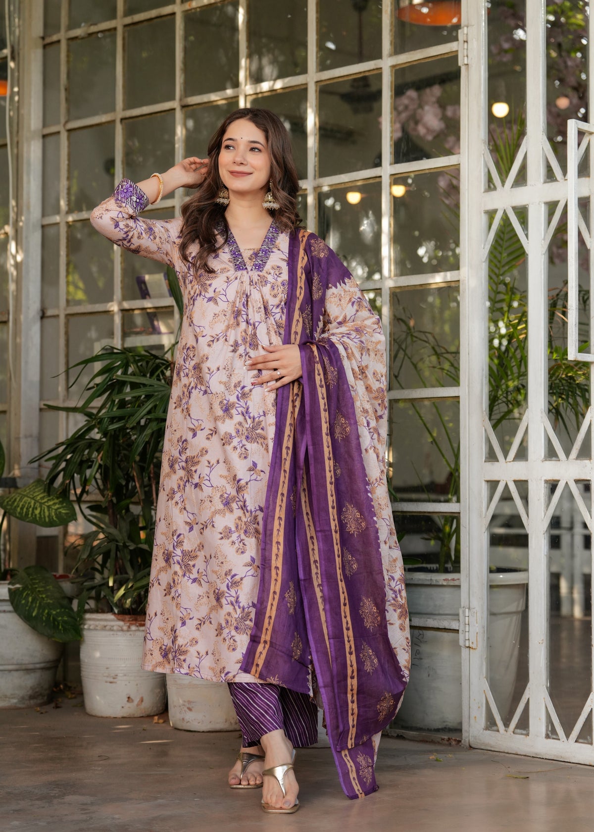 Cream Pure Cotton Printed Suit Set for Women