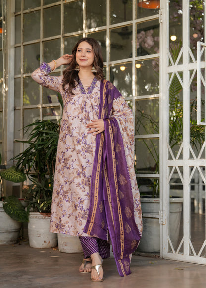 Cream Pure Cotton Printed Suit Set for Women