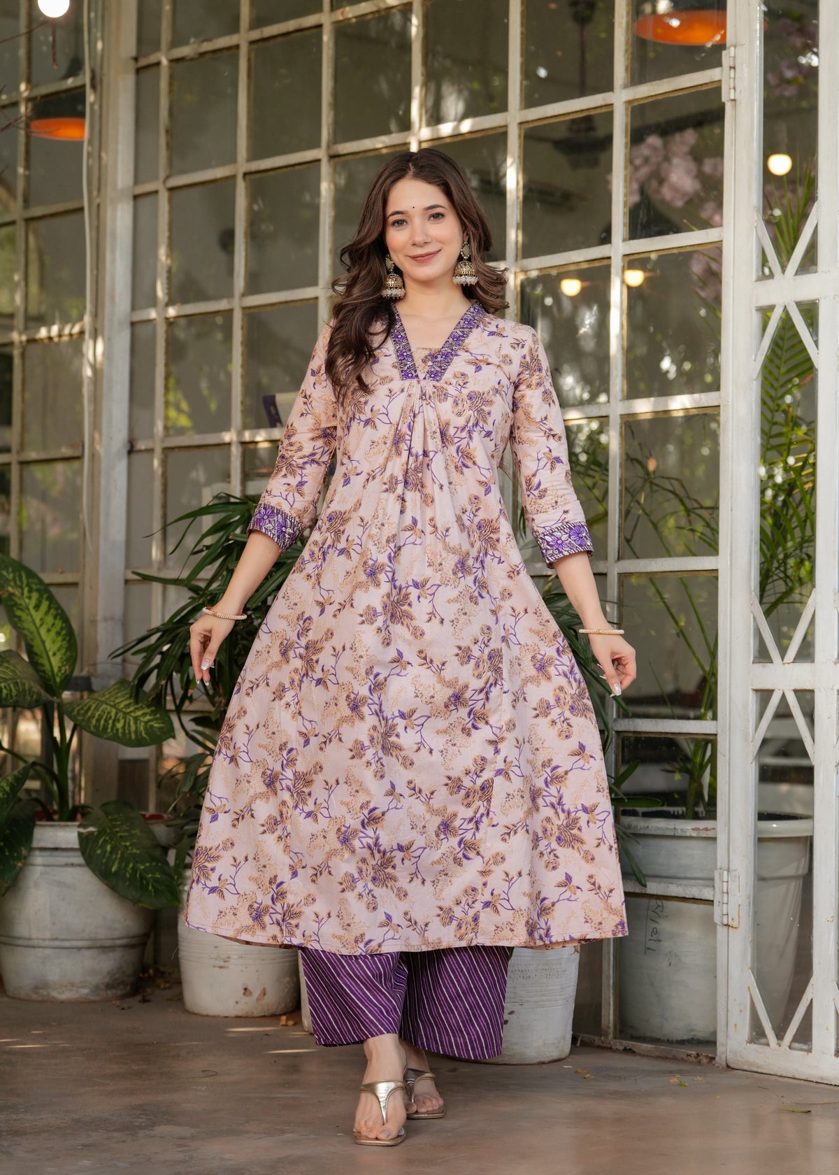 Cream Pure Cotton Printed Suit Set for Women