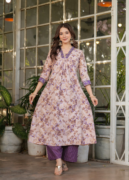 Cream Pure Cotton Printed Suit Set for Women