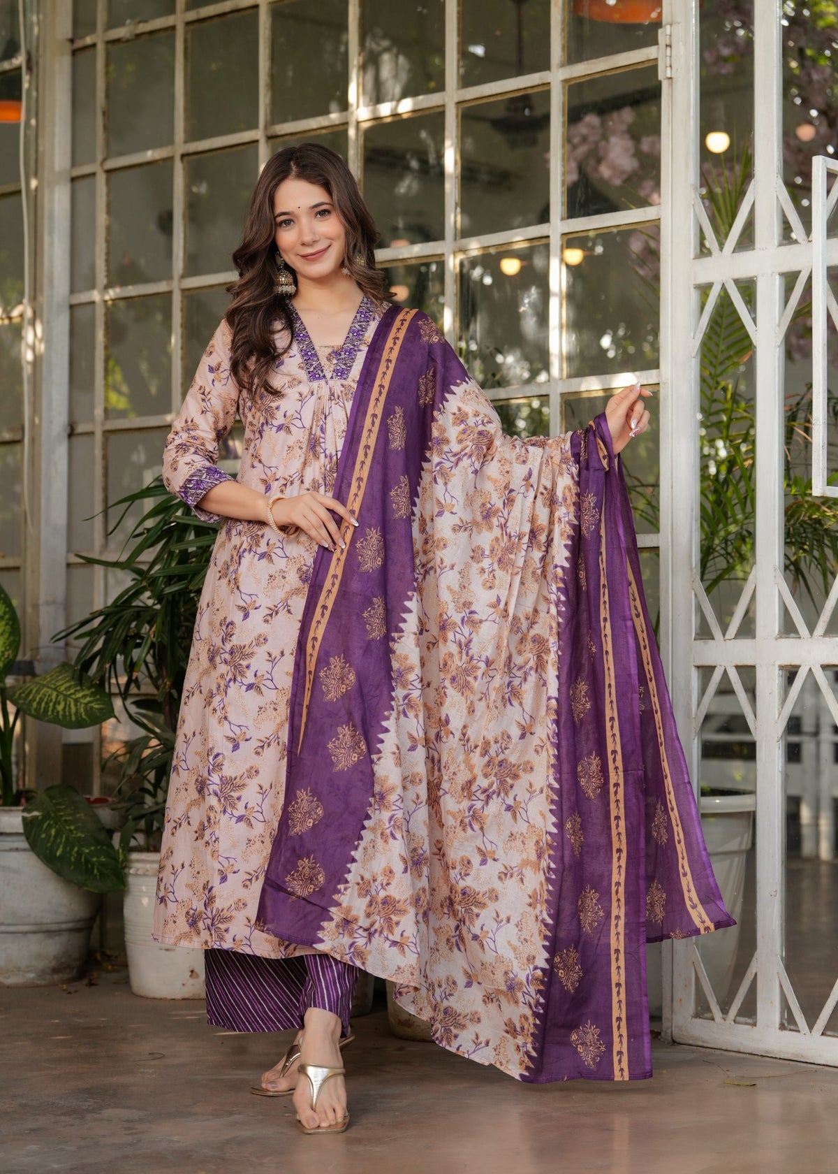 Cream Pure Cotton Printed Suit Set for Women