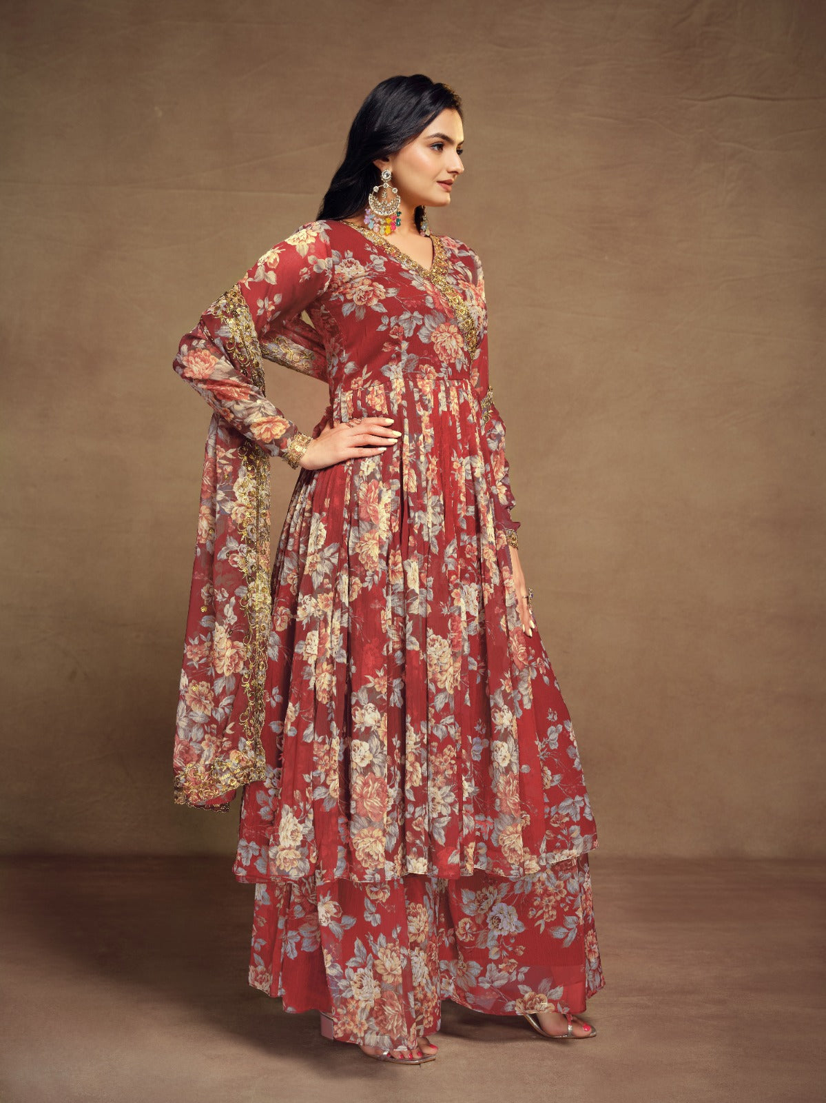 Floral Digital Printed Chiffon Kurti Palazzo Set with zari embroidery
