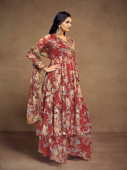 Floral Digital Printed Chiffon Kurti Palazzo Set with zari embroidery