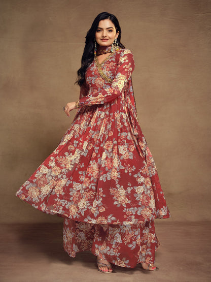 Floral Digital Printed Chiffon Kurti Palazzo Set with zari embroidery