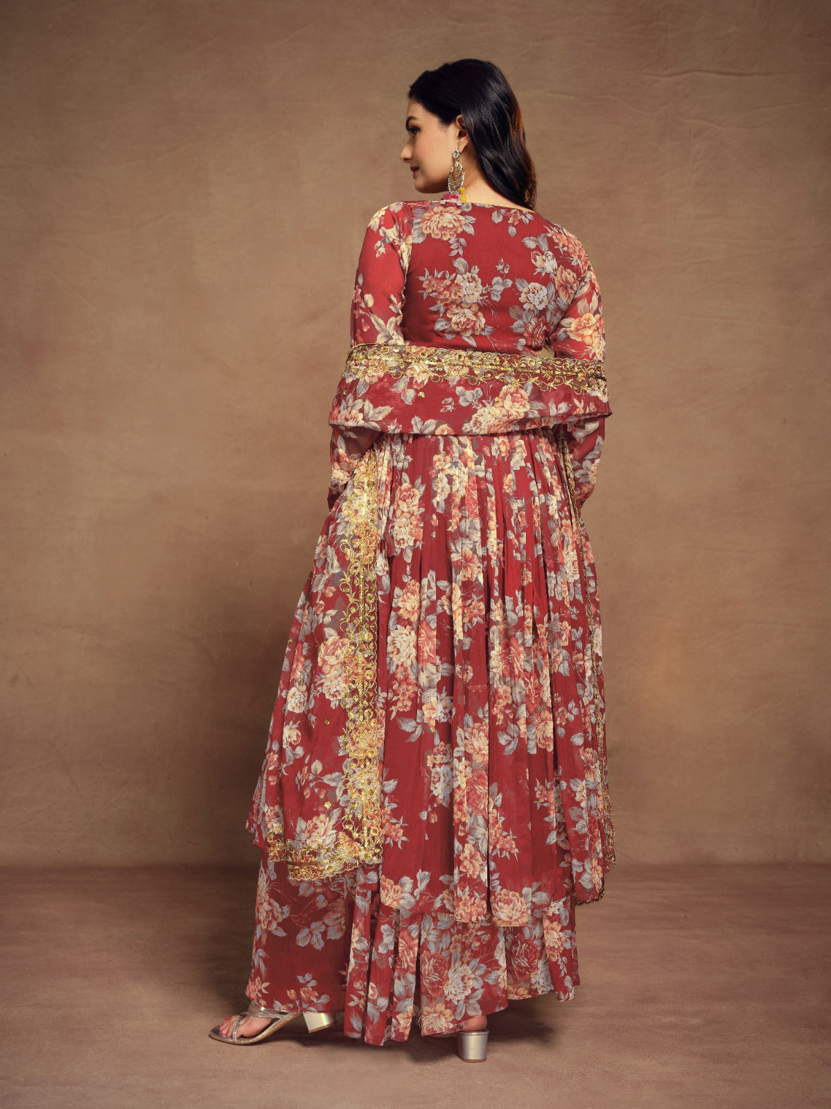 Shop Floral Digital Printed Chiffon Kurti Palazzo Set with zari embroidery