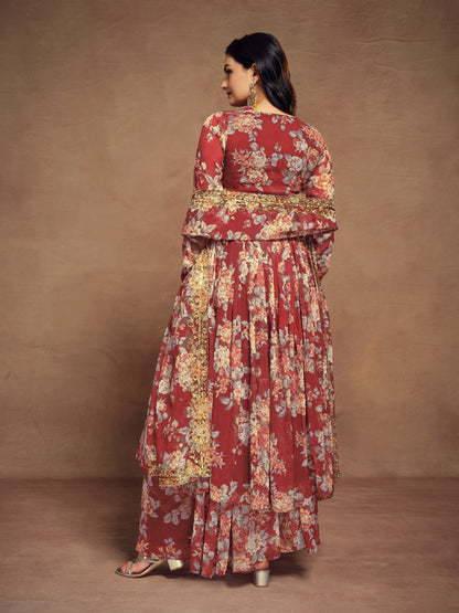 Floral Digital Printed Chiffon Kurti Palazzo Set with zari embroidery