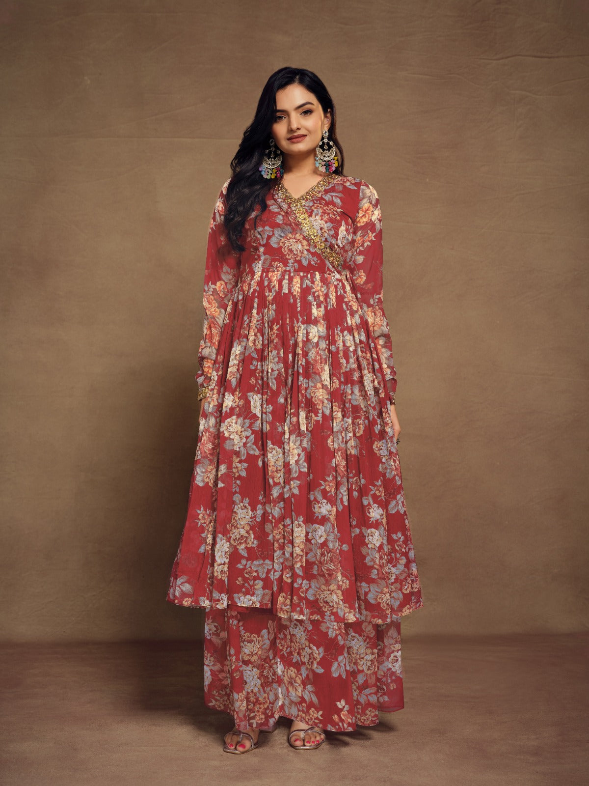Floral Digital Printed Chiffon Kurti Palazzo Set with zari embroidery
