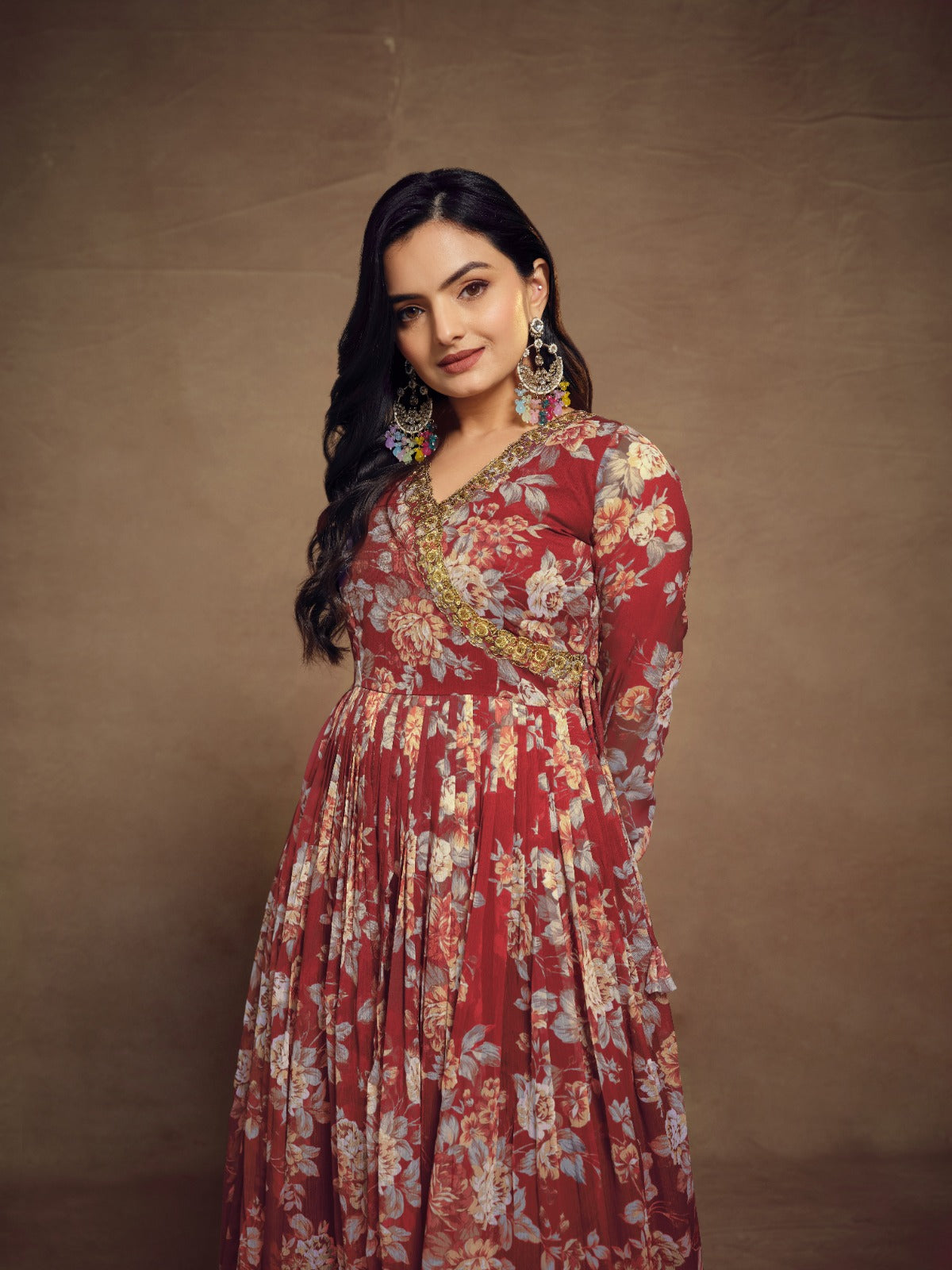 Floral Digital Printed Chiffon Kurti Palazzo Set with zari embroidery