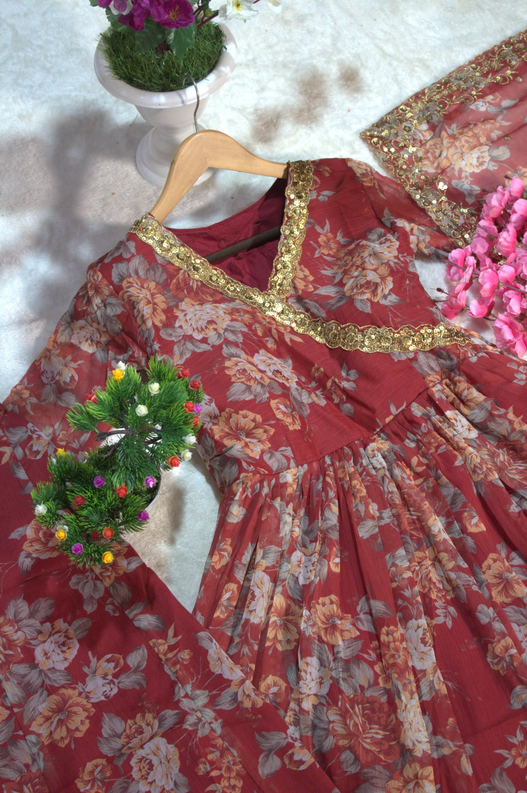 Floral Digital Printed Chiffon Kurti Palazzo Set with zari embroidery