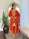 Shop Orange  Threadwork Suit Set with Chinon Dupatta