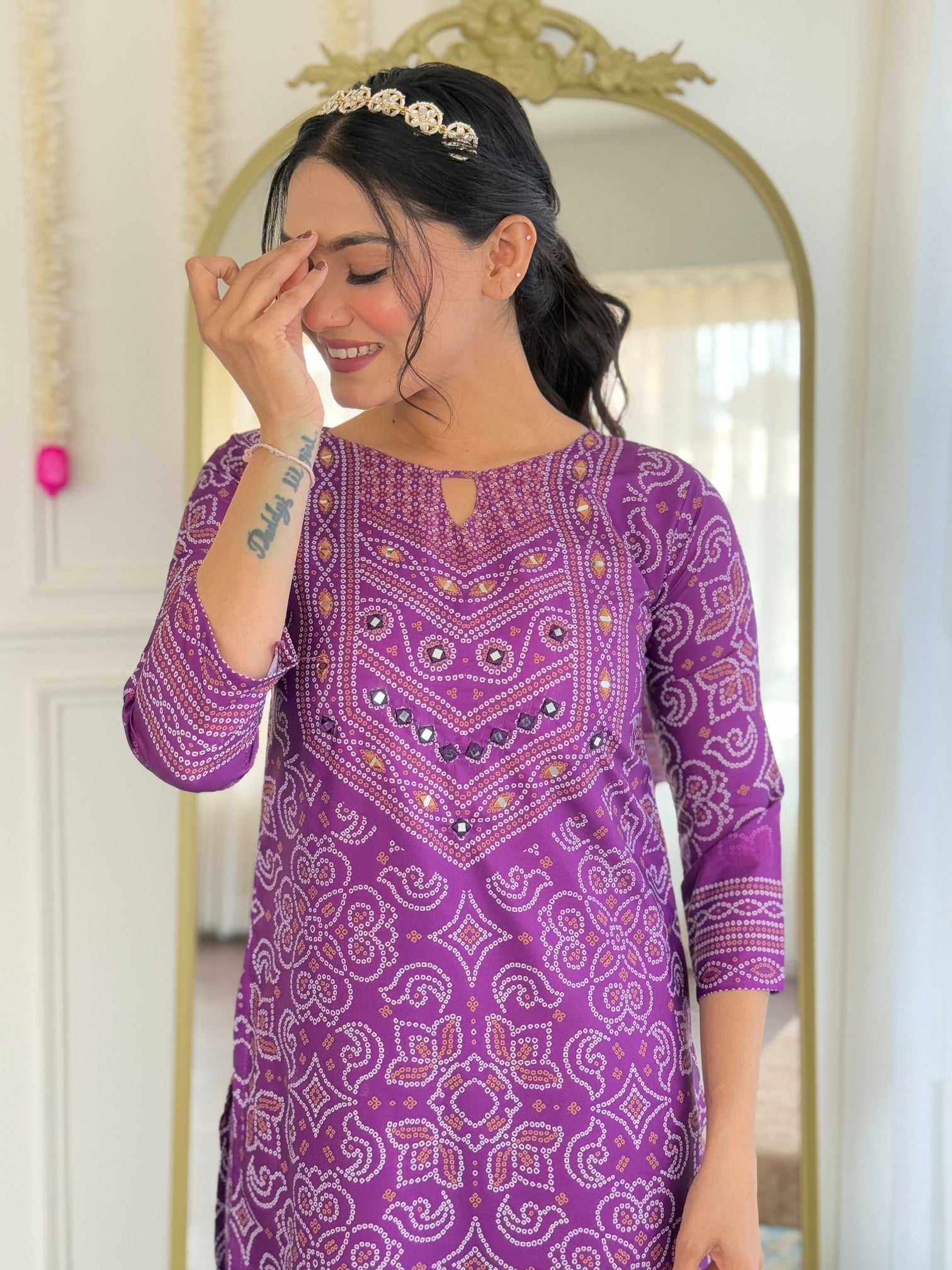 Shop Purple French Crepe Hand Mirror Work Suit Set