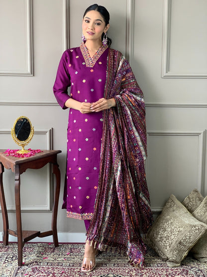 Purple Viscose Chanderi Threadwork Suit Set with Chinon Dupatta