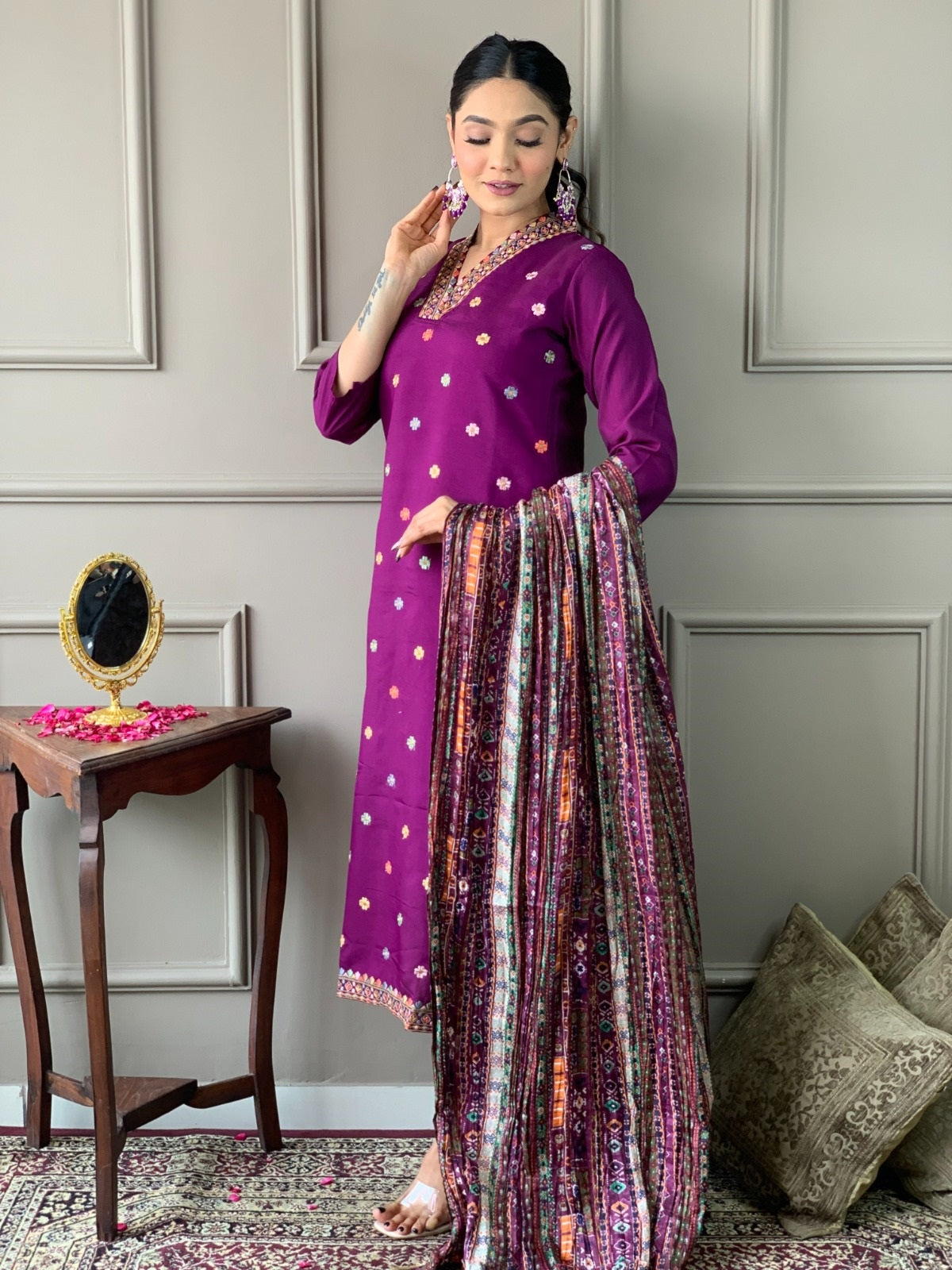 Purple Viscose Chanderi Threadwork Suit Set with Chinon Dupatta
