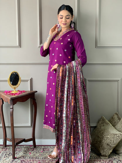 Purple Viscose Chanderi Threadwork Suit Set with Chinon Dupatta