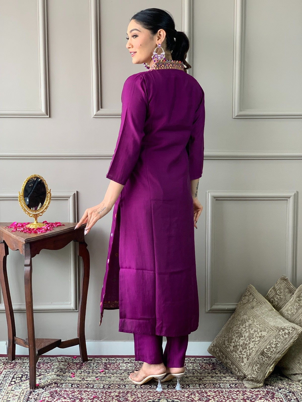 Purple Viscose Chanderi Threadwork Suit Set with Chinon Dupatta