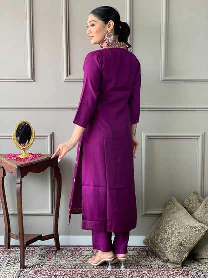 Purple Viscose Chanderi Threadwork Suit Set with Chinon Dupatta