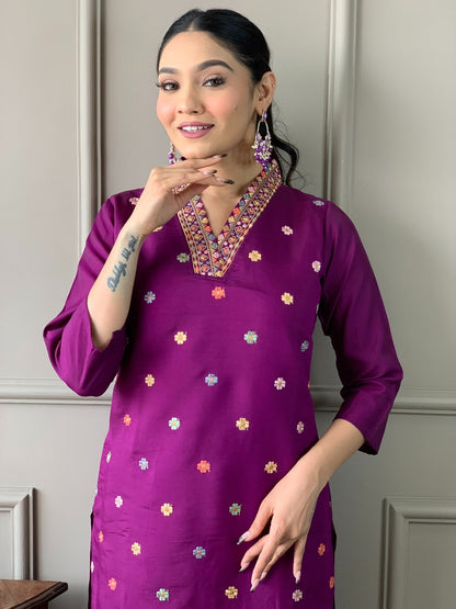 Purple Viscose Chanderi Threadwork Suit Set with Chinon Dupatta