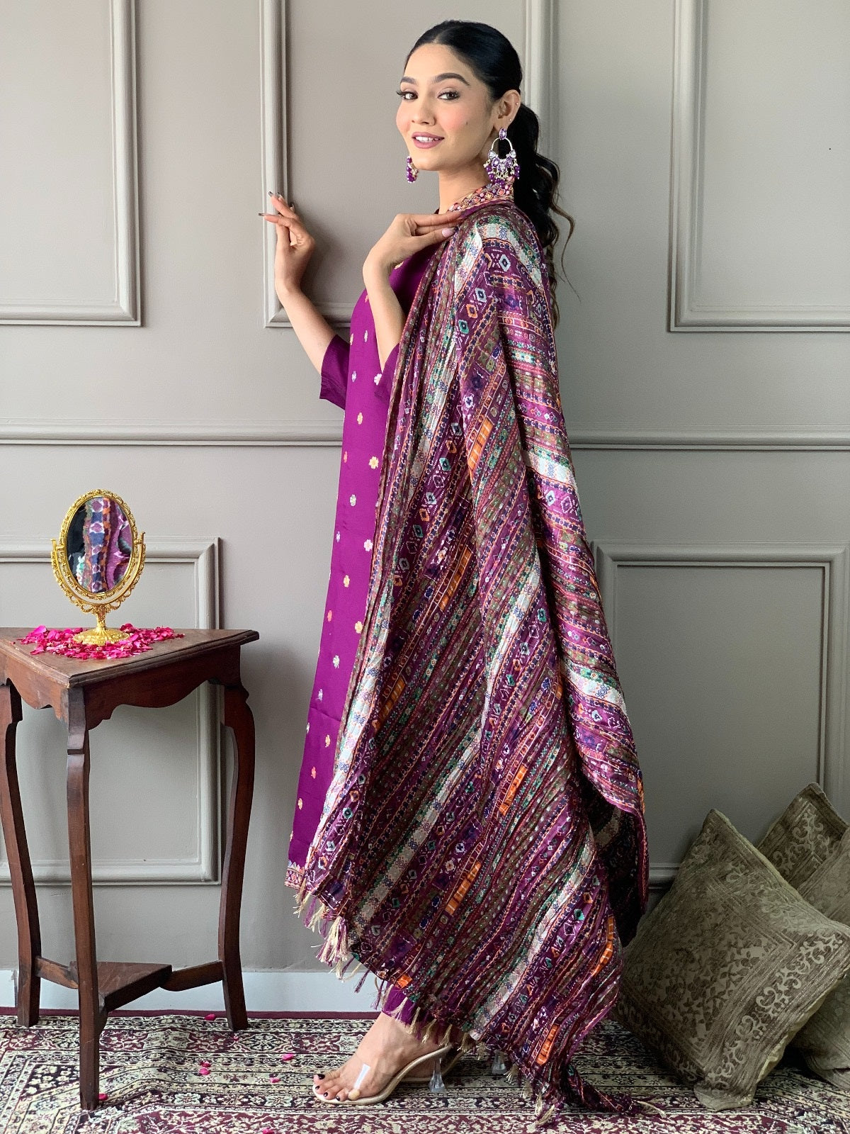 Purple Viscose Chanderi Threadwork Suit Set with Chinon Dupatta