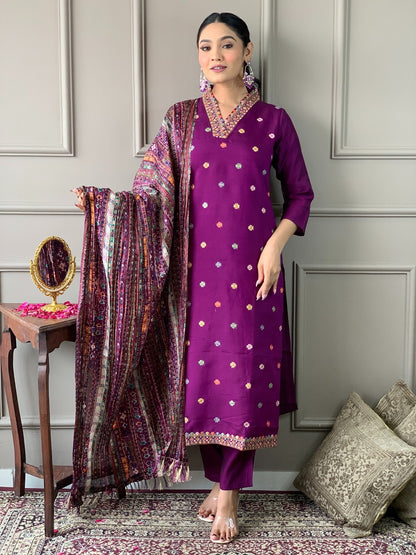 Purple Viscose Chanderi Threadwork Suit Set with Chinon Dupatta