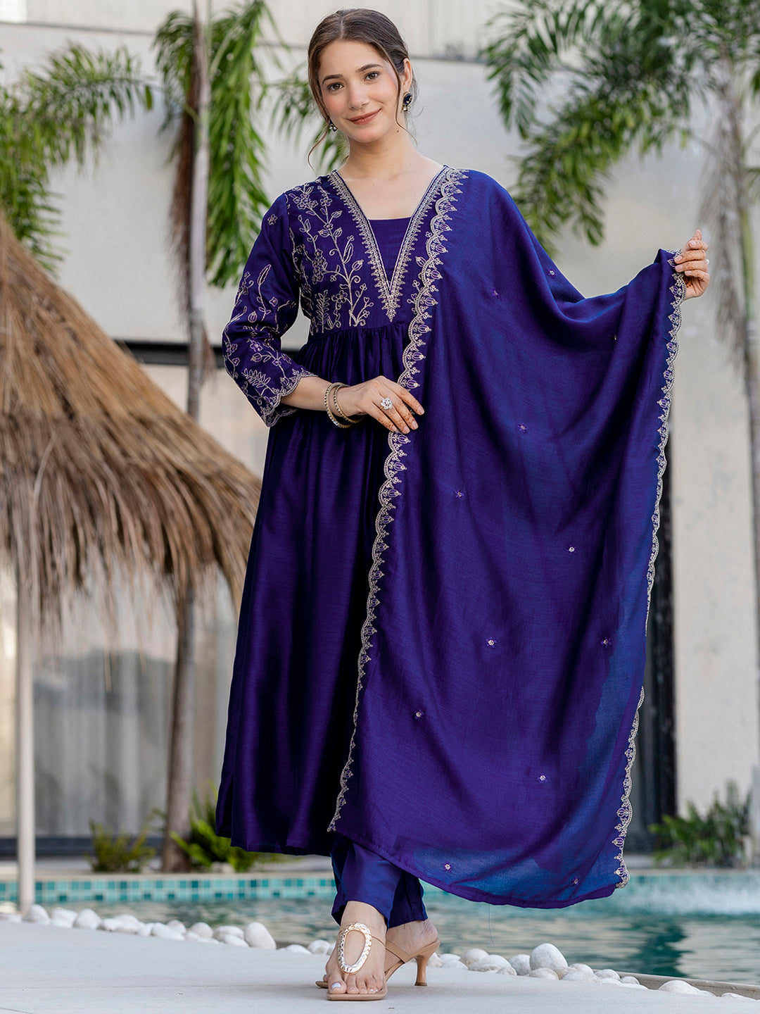 Silk Embroidered Kurti Pant Set with Matching Dupatta for Women