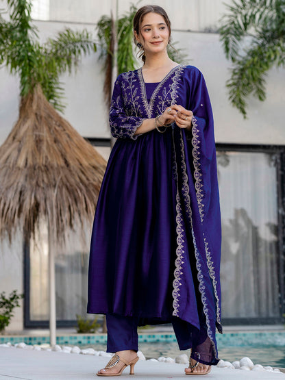 Silk Embroidered Kurti Pant Set with Matching Dupatta for Women
