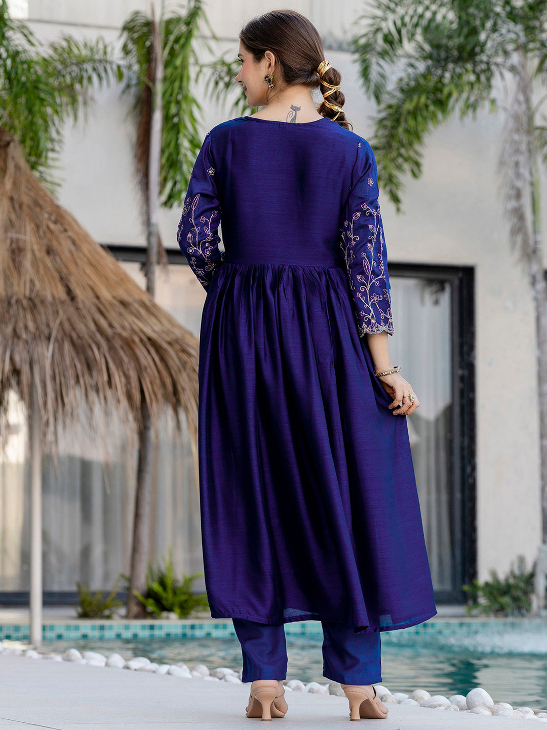 Silk Embroidered Kurti Pant Set with Matching Dupatta