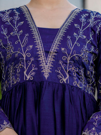 Silk Embroidered Kurti Pant Set with Matching Dupatta for Women