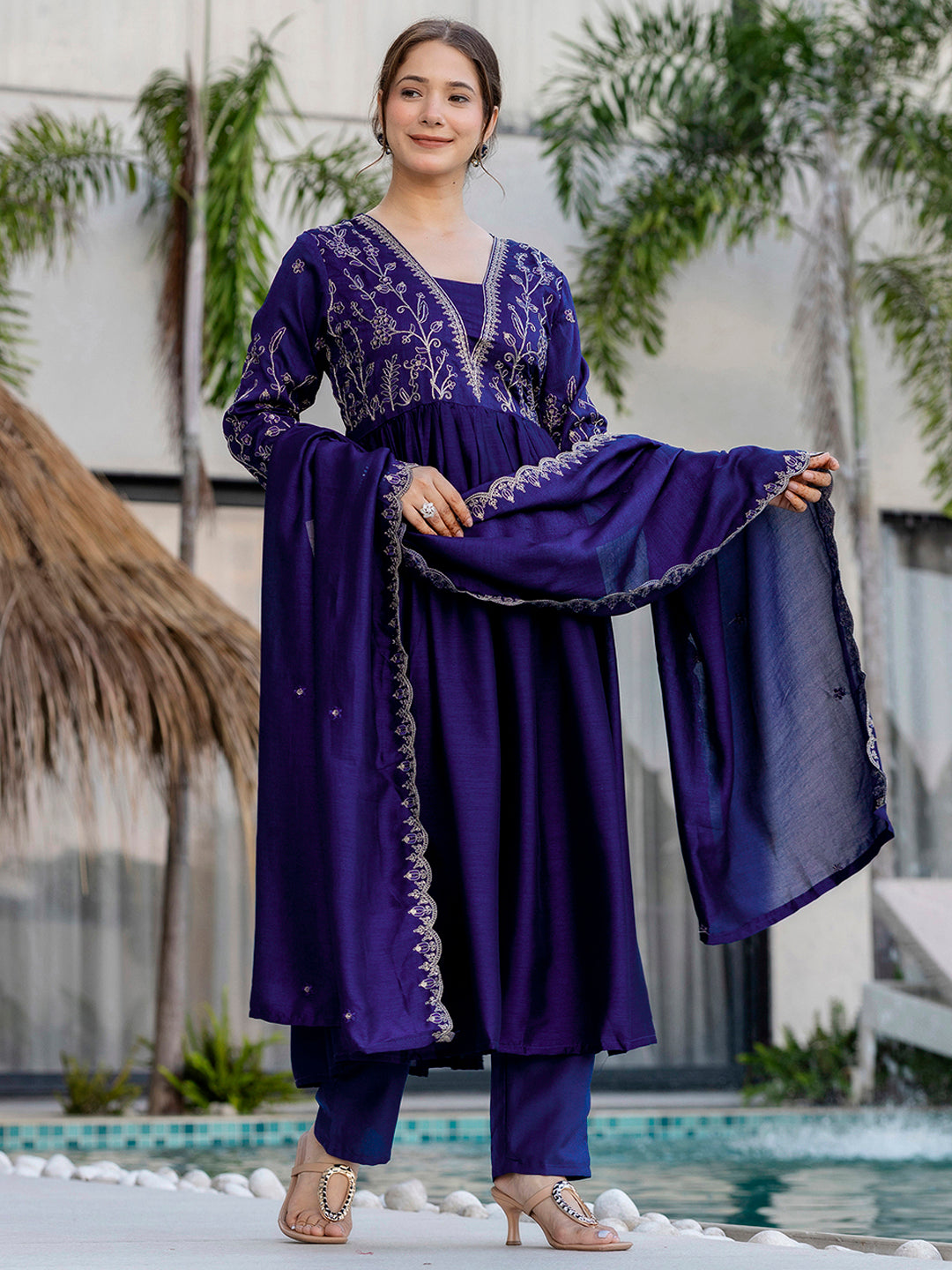 Silk Embroidered Kurti Pant Set with Matching Dupatta for Women