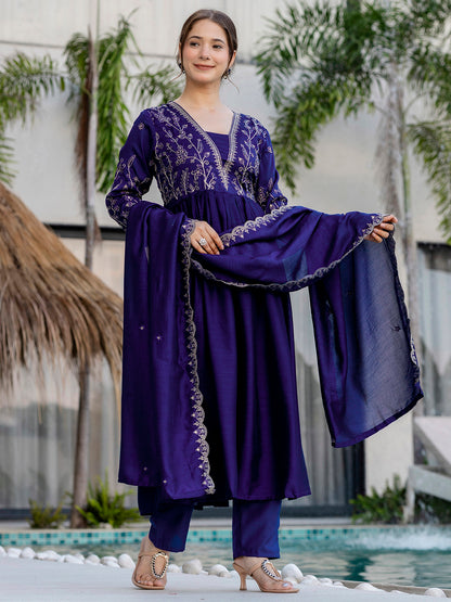 Silk Embroidered Kurti Pant Set with Matching Dupatta for Women