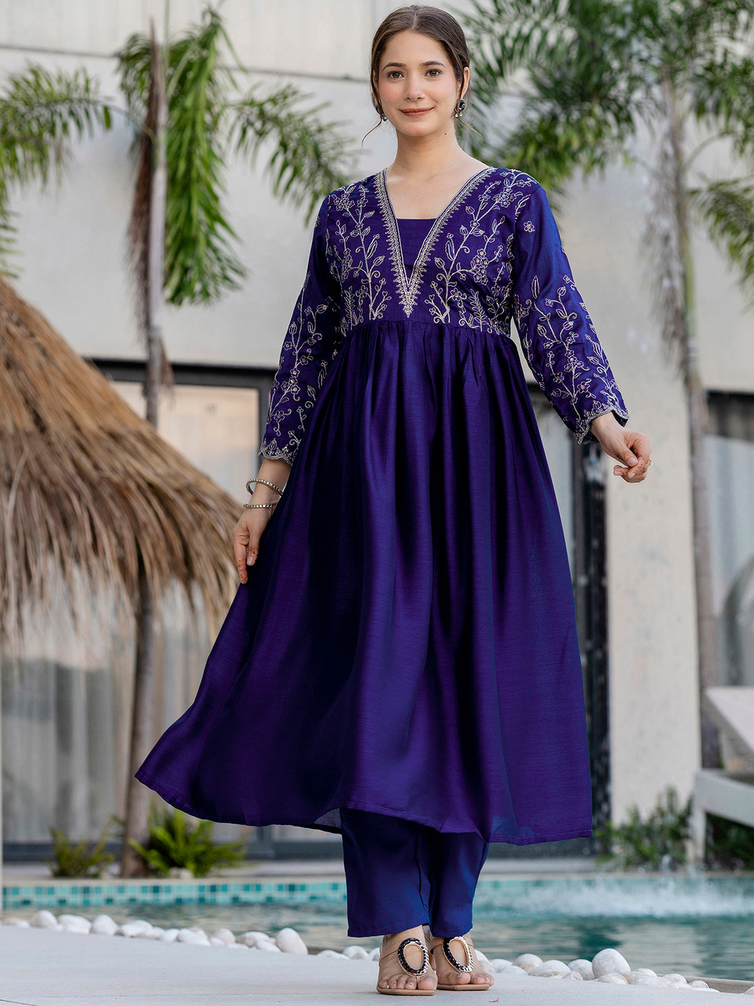 Silk Embroidered Kurti Pant Set with Matching Dupatta for Women