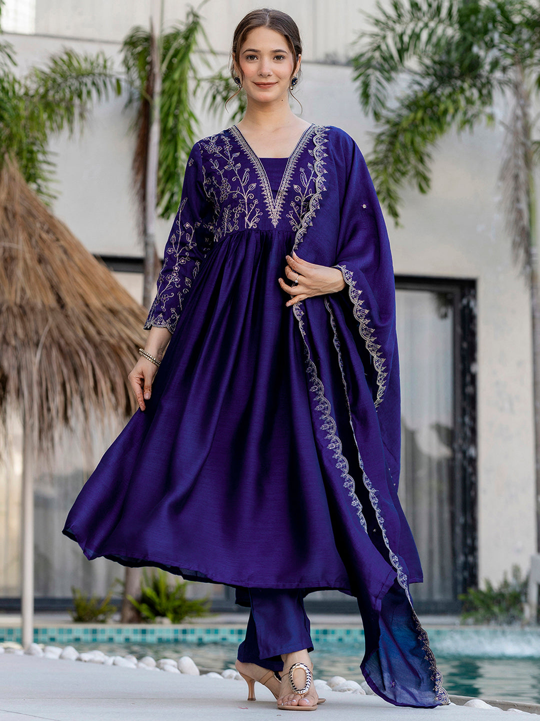 Silk Embroidered Kurti Pant Set with Matching Dupatta for Women
