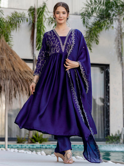 Silk Embroidered Kurti Pant Set with Matching Dupatta for Women