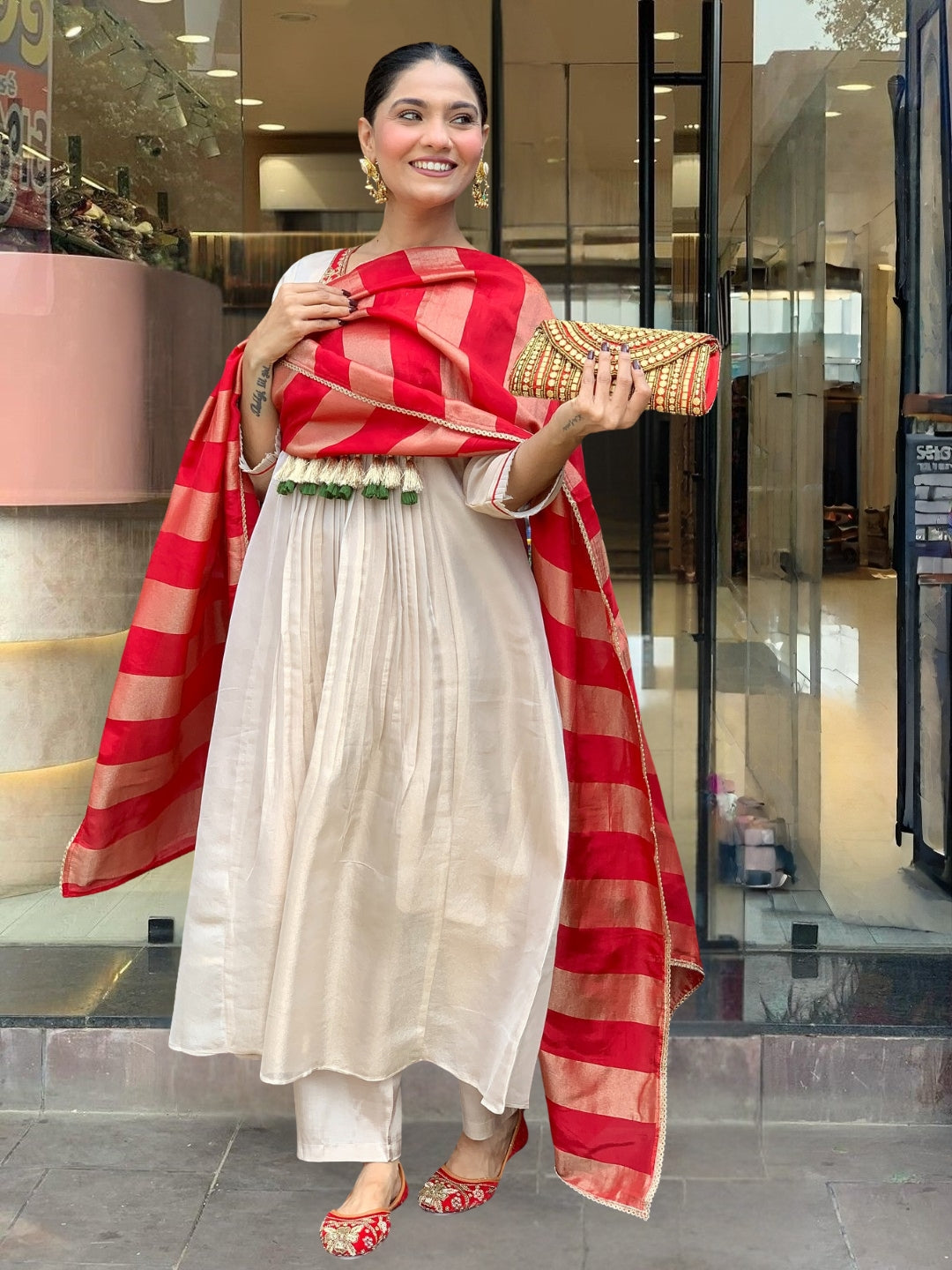Silk Festive Kurta Pant Set with Zari Jacquard Dupatta for Women
