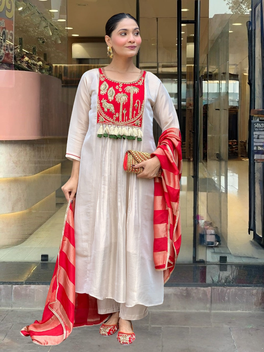 Silk Festive Kurta Pant Set with Zari Jacquard Dupatta for Women